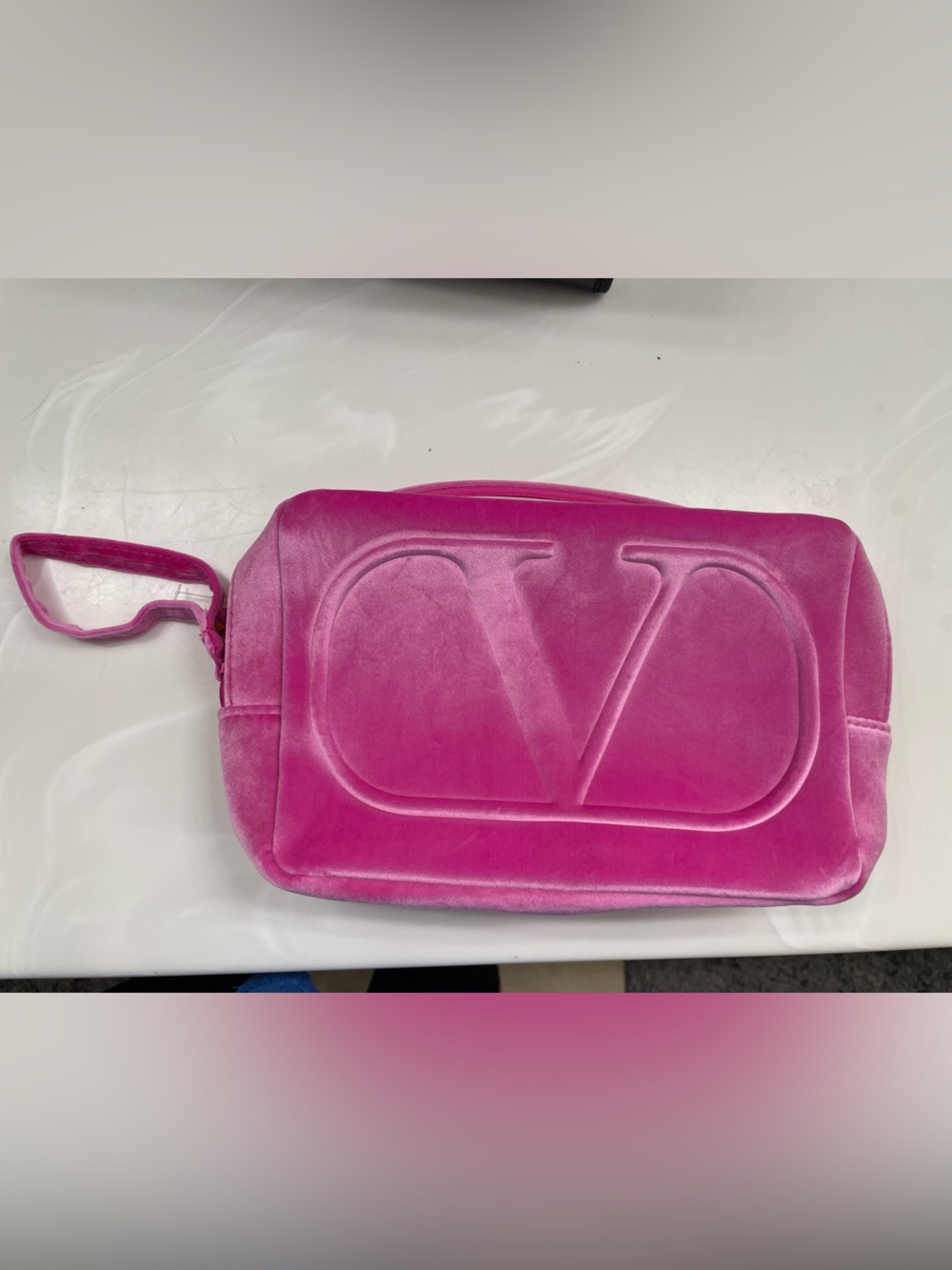 Valentino Pink Velvet Embossed Logo Cosmetic Pouch